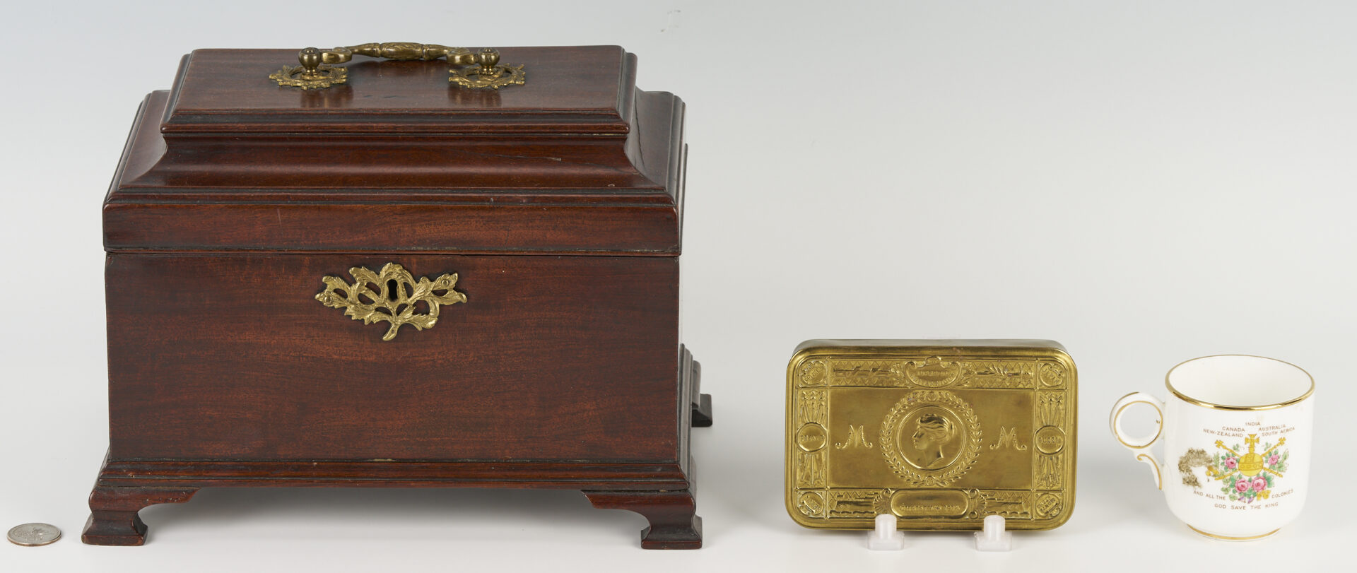 Lot 724: English Mahogany Tea Caddy, King Edward Coronation Cup & WWI Brass Gift Box – 3 pcs