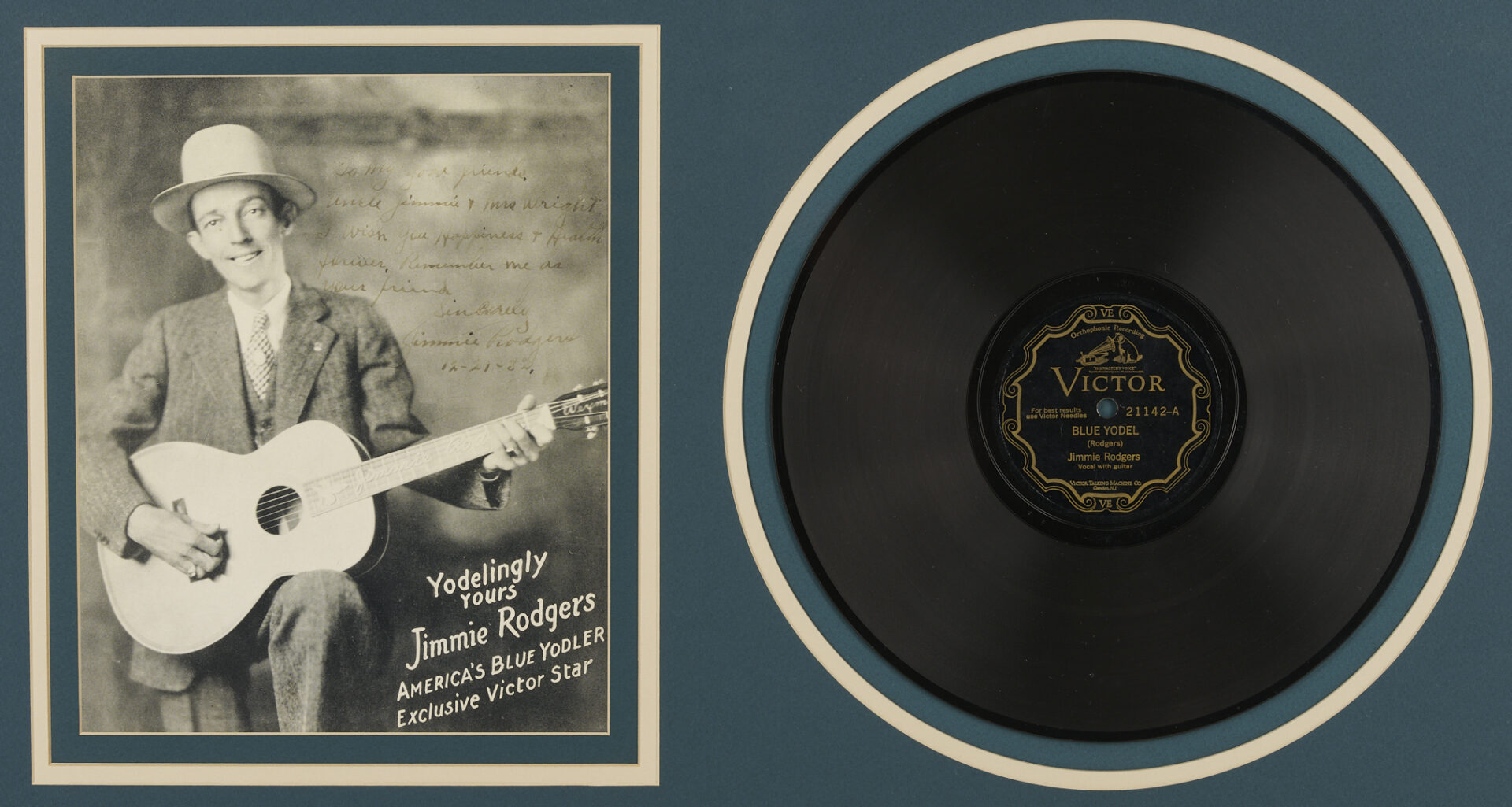 Lot 731: Jimmie Rodgers Signed & Dated Photograph plus Record, Framed