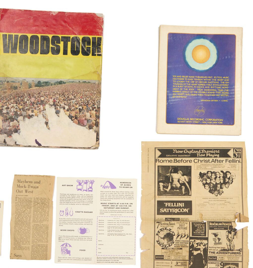 Lot 735: 13 Woodstock Ephemera Items incl. Original Brochure, Program Book, Flyer, & Questionnaire