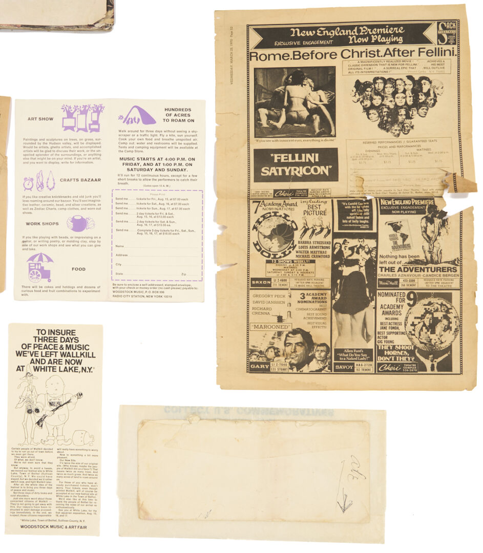 Lot 735: 13 Woodstock Ephemera Items incl. Original Brochure, Program Book, Flyer, & Questionnaire