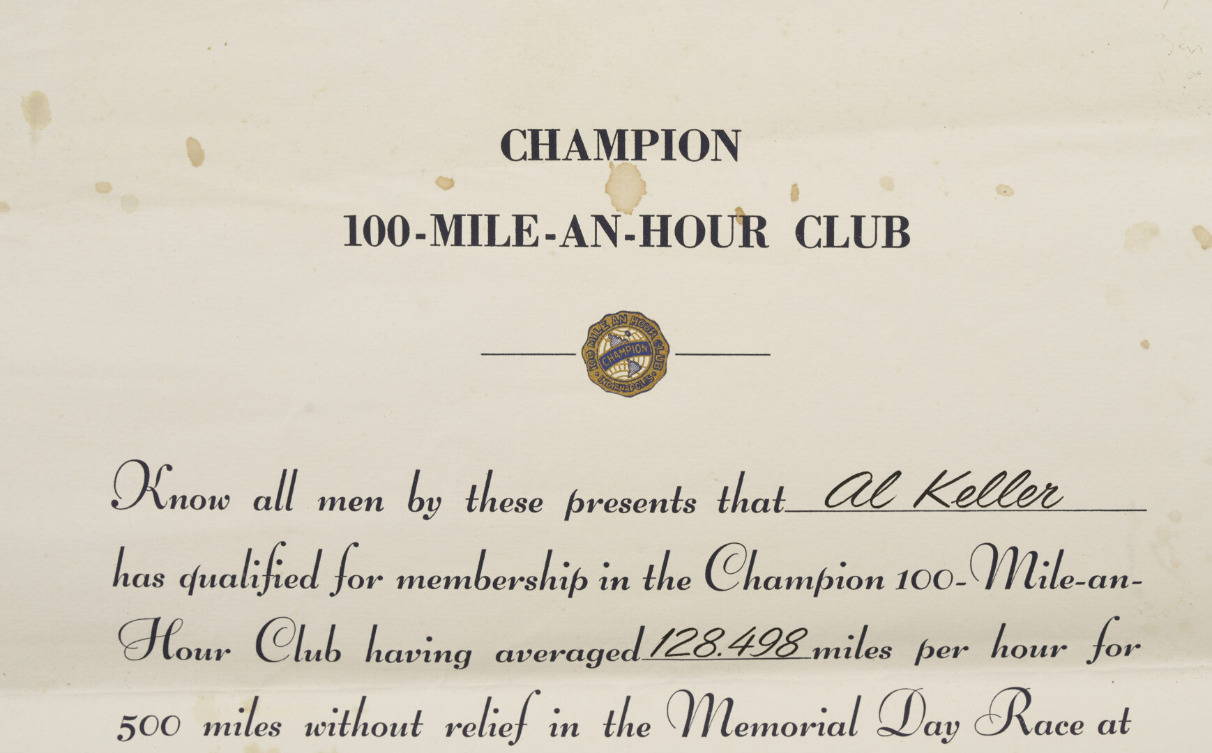 Lot 744: Al Keller Indy 500 Champion 100 Mile an Hour Club Leather Jacket plus Certificate, 1958