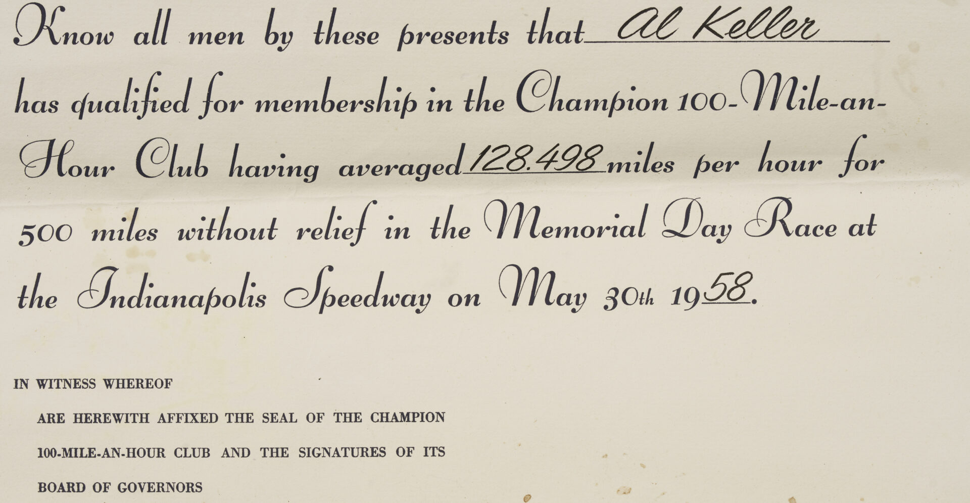 Lot 744: Al Keller Indy 500 Champion 100 Mile an Hour Club Leather Jacket plus Certificate, 1958