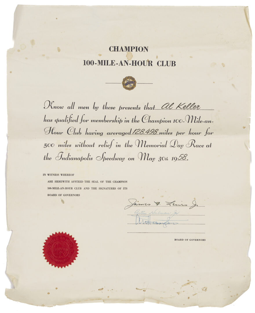 Lot 744: Al Keller Indy 500 Champion 100 Mile an Hour Club Leather Jacket plus Certificate, 1958