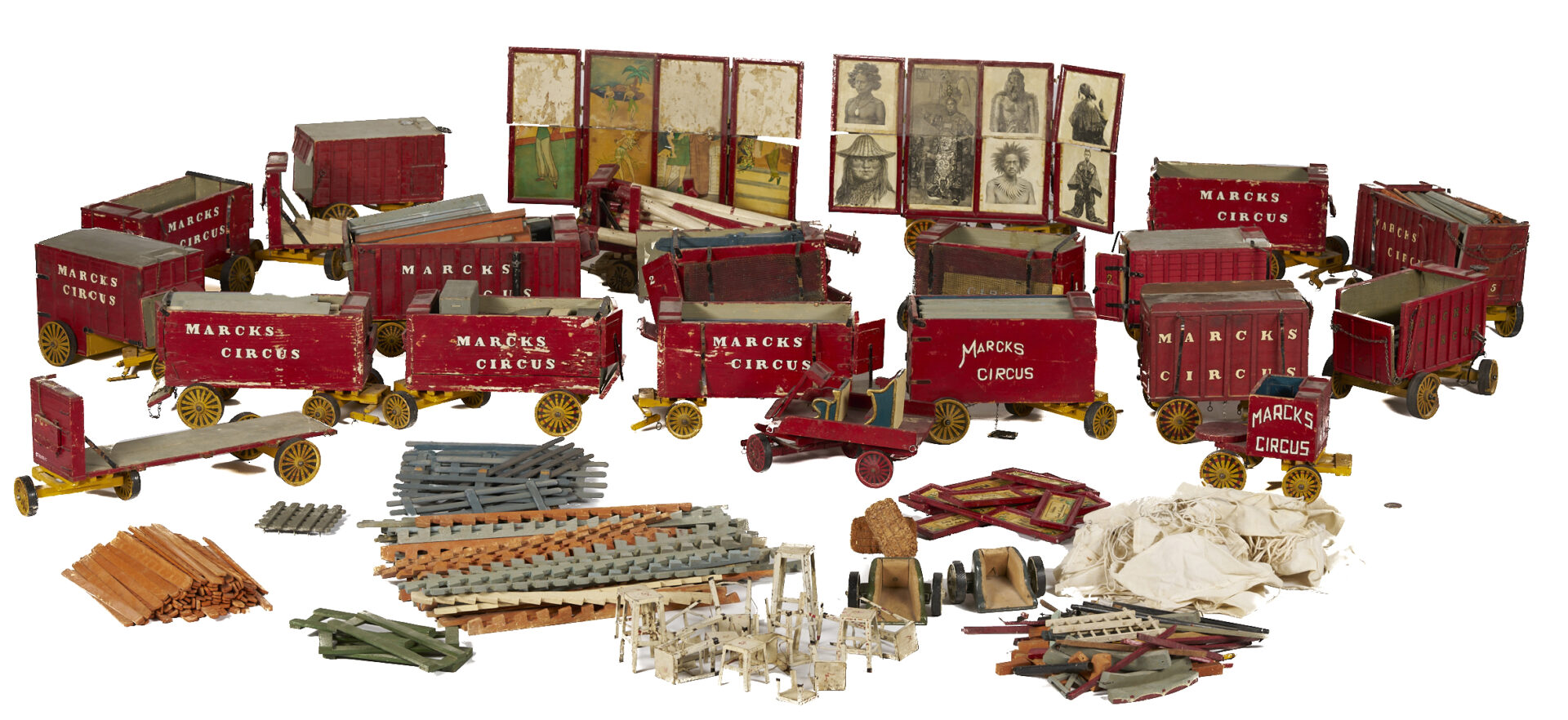 Lot 747: Marcks Early 20th C. Folk Art Circus Wagons and Big Top Set