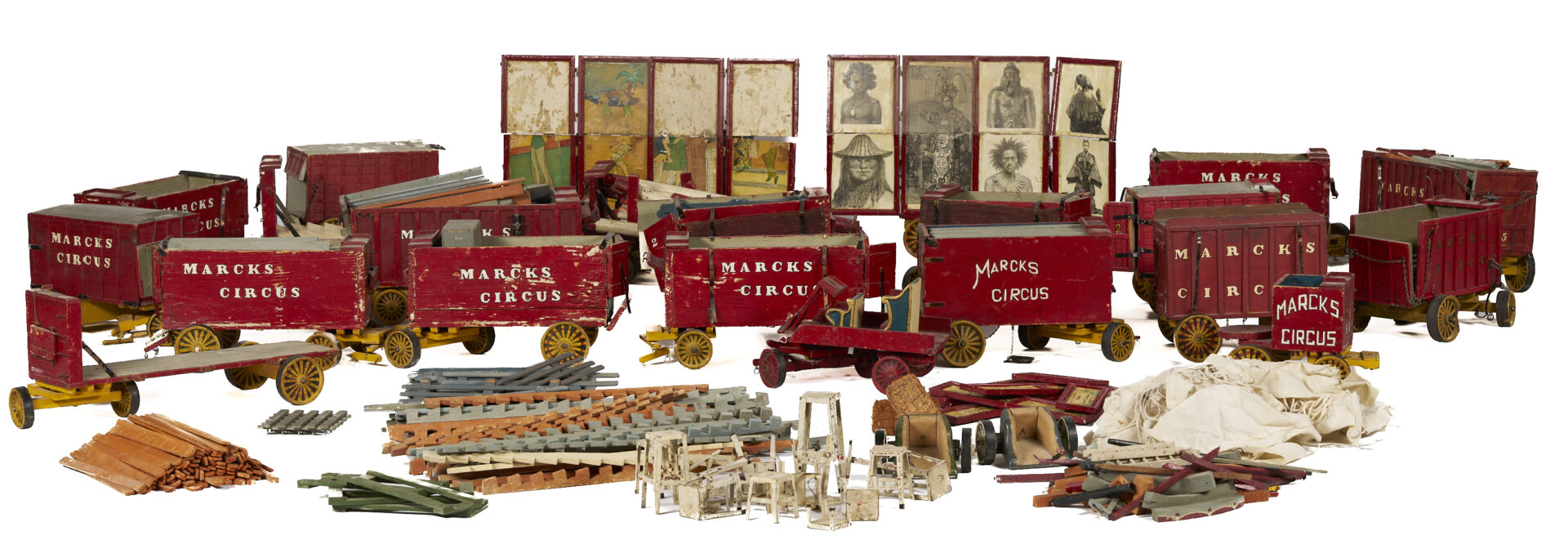 Lot 747: Marcks Early 20th C. Folk Art Circus Wagons and Big Top Set