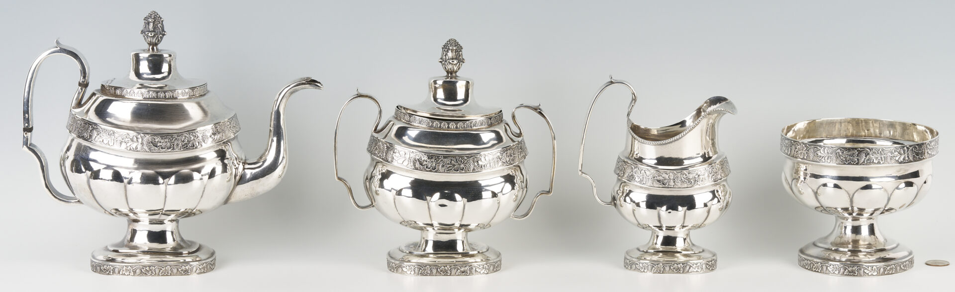 Lot 75: Federal NY Coin Silver Tea Set, 4 pcs