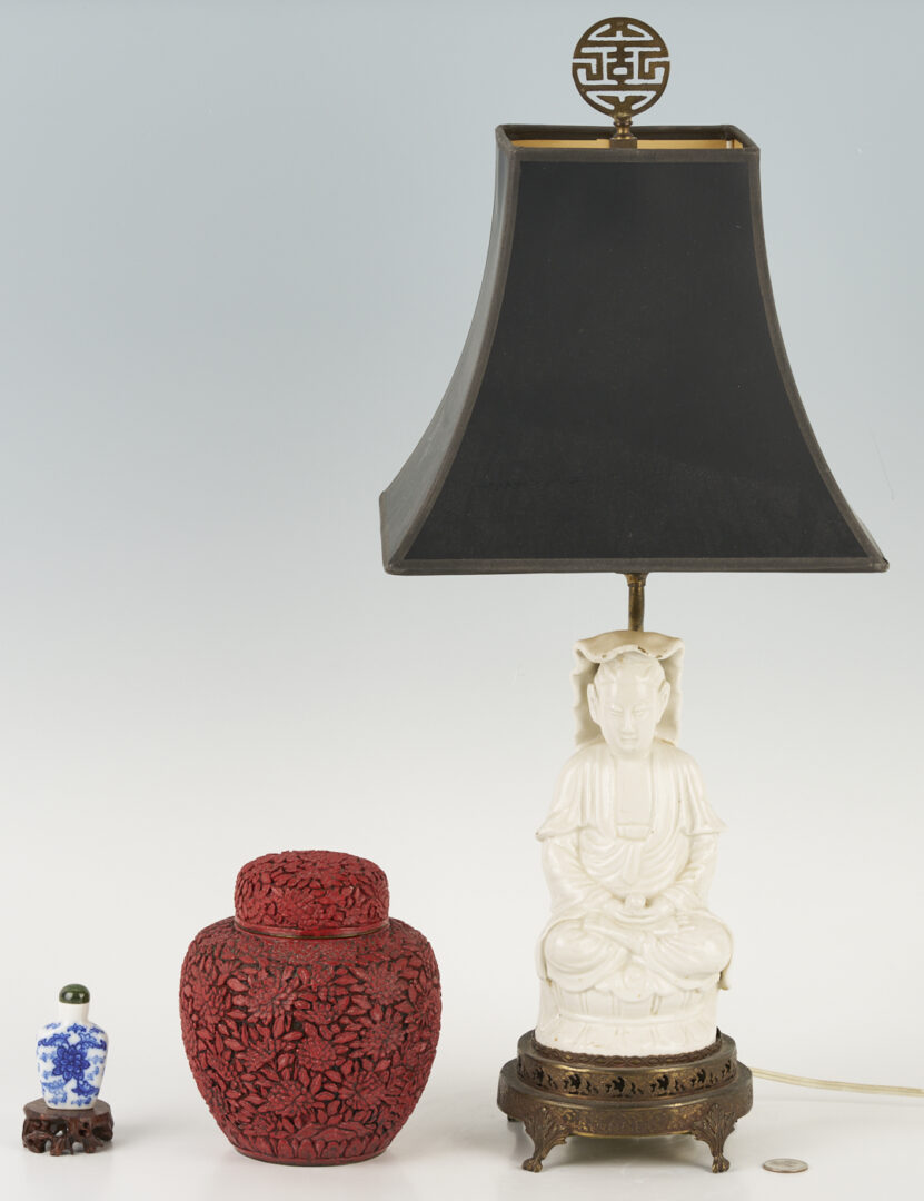 Lot 783: 3 Chinese Items: Lamp, Snuff Bottle, Cinnabar Jar – END OF DAY ONE