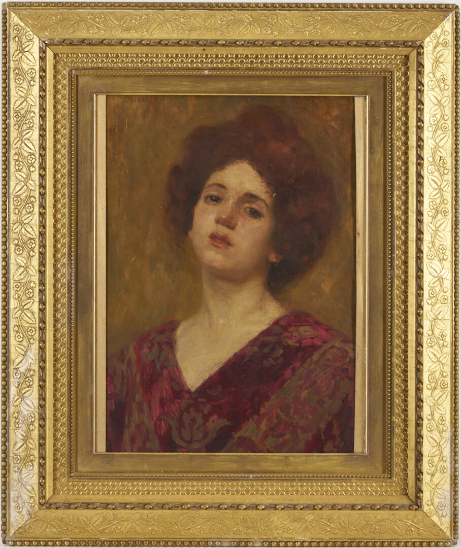 Lot 804: European School O/C Portait of Woman in Red