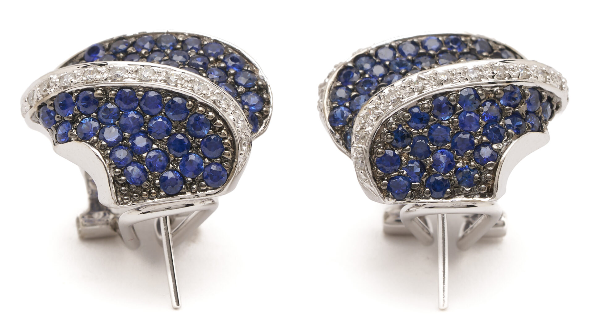 Lot 831: 18K White Gold, Sapphire & Diamond Clip Back Pierced Earrings