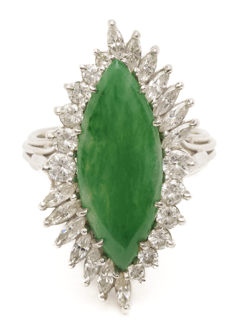 Lot 838: Lady's Vintage Platinum, Marquise Jadeite Jade, and Diamond Ring