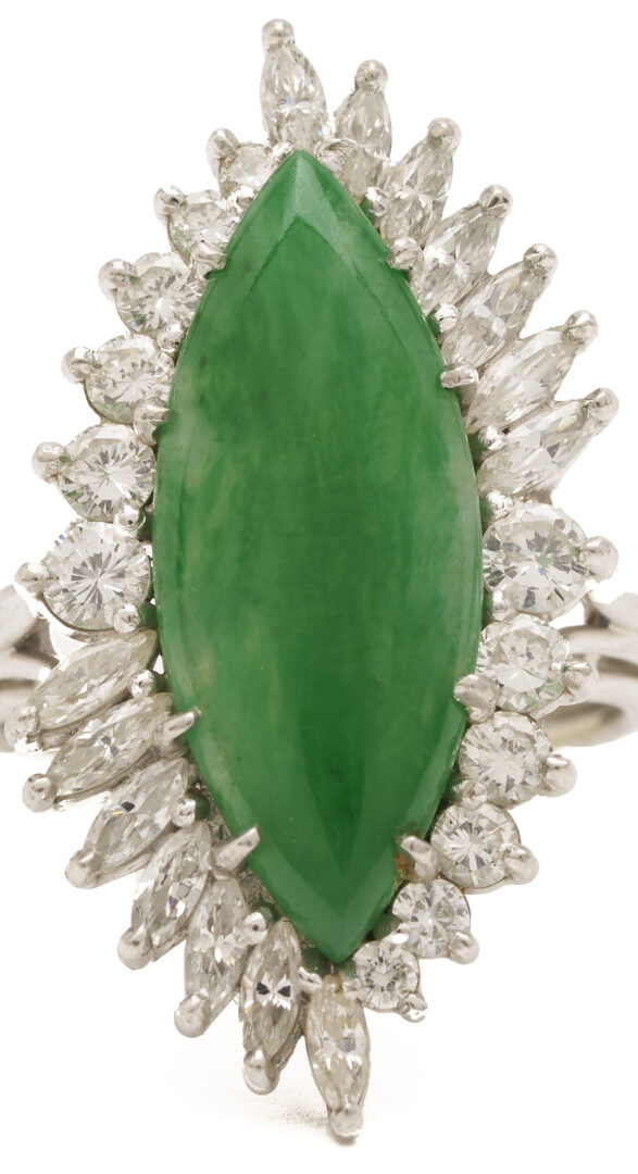 Lot 838: Lady's Vintage Platinum, Marquise Jadeite Jade, and Diamond Ring