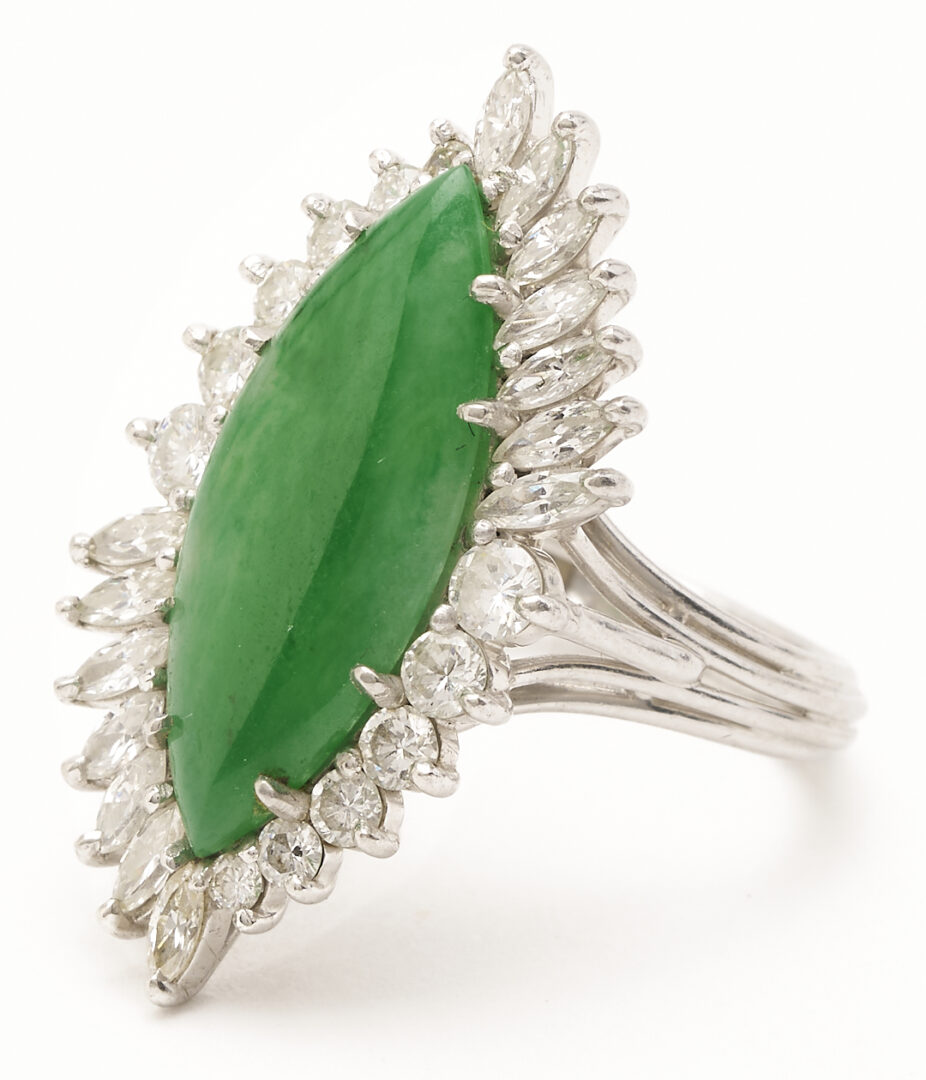 Lot 838: Lady's Vintage Platinum, Marquise Jadeite Jade, and Diamond Ring