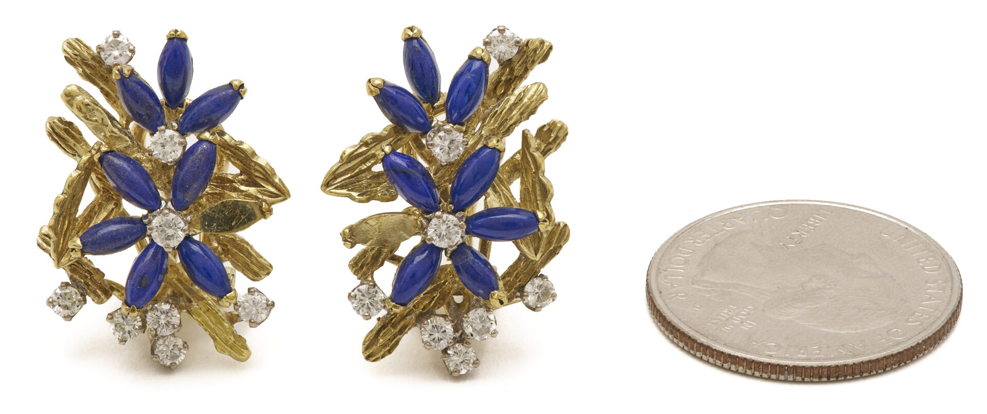 Lot 839: Lady's 18K Yellow Gold, Diamond & Lapis Flower Earrings