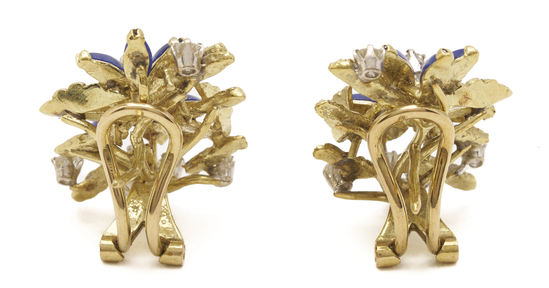 Lot 839: Lady's 18K Yellow Gold, Diamond & Lapis Flower Earrings