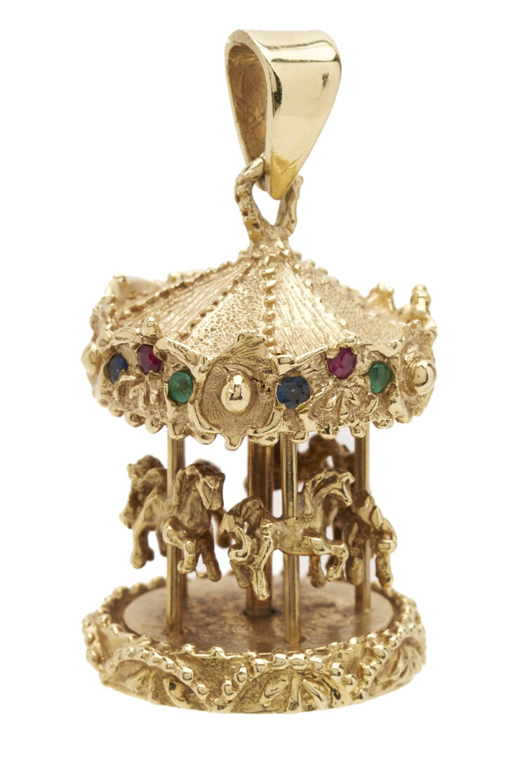 Lot 842: 14K Gold & Gemstone Carousel Pendant