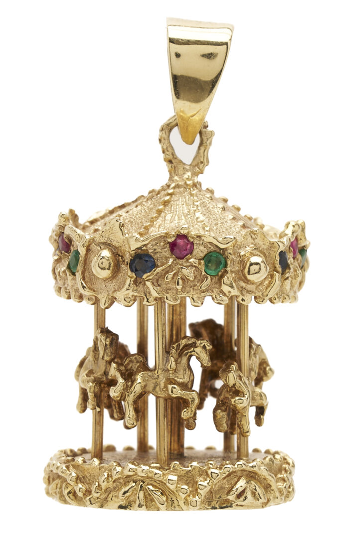 Lot 842: 14K Gold & Gemstone Carousel Pendant