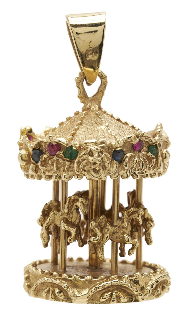 Lot 842: 14K Gold & Gemstone Carousel Pendant