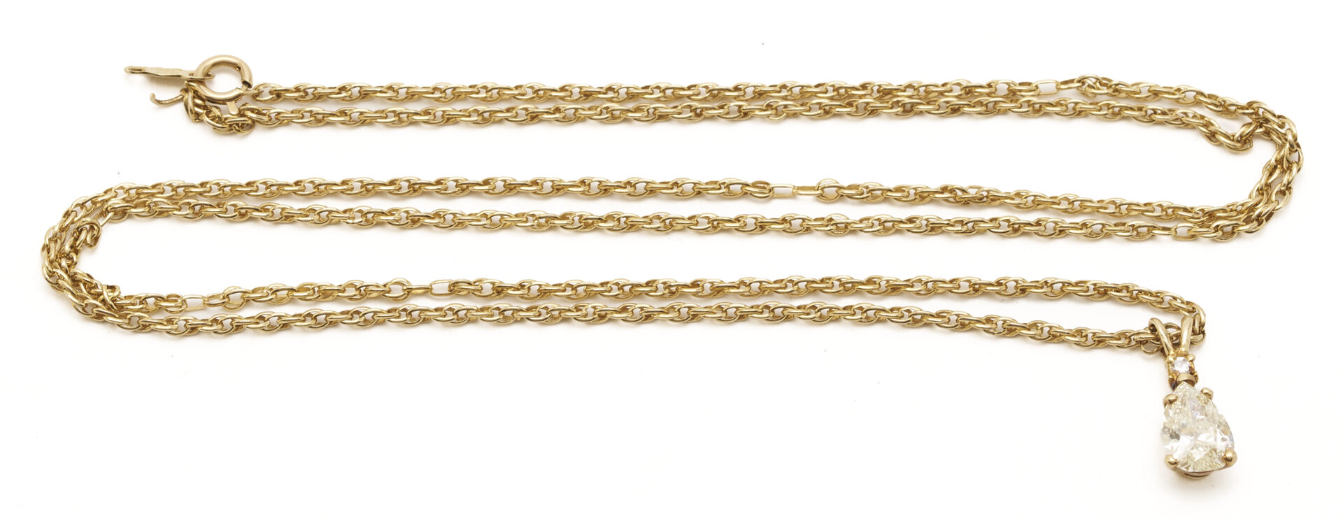 Lot 844: Lady's 14K Yellow Gold Pear Cut Diamond Pendant & Rope Chain Necklace