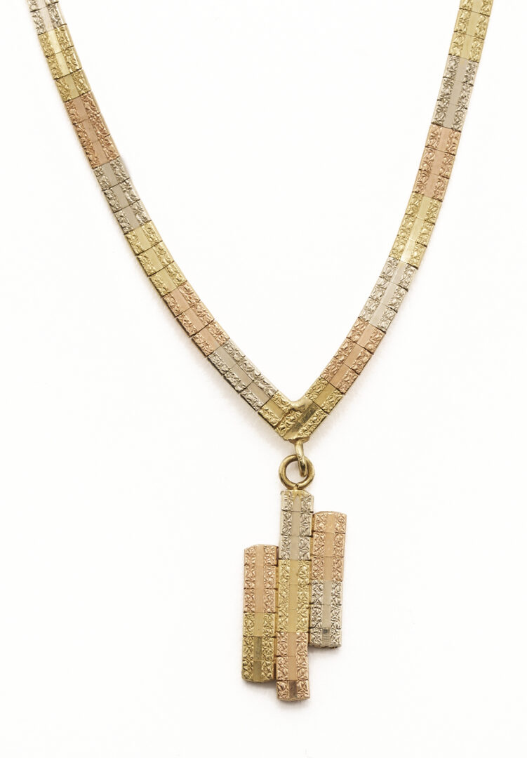 Lot 849: 14K Italian Tri-Colored Gold Flat Box Chain Necklace w/ Pendant