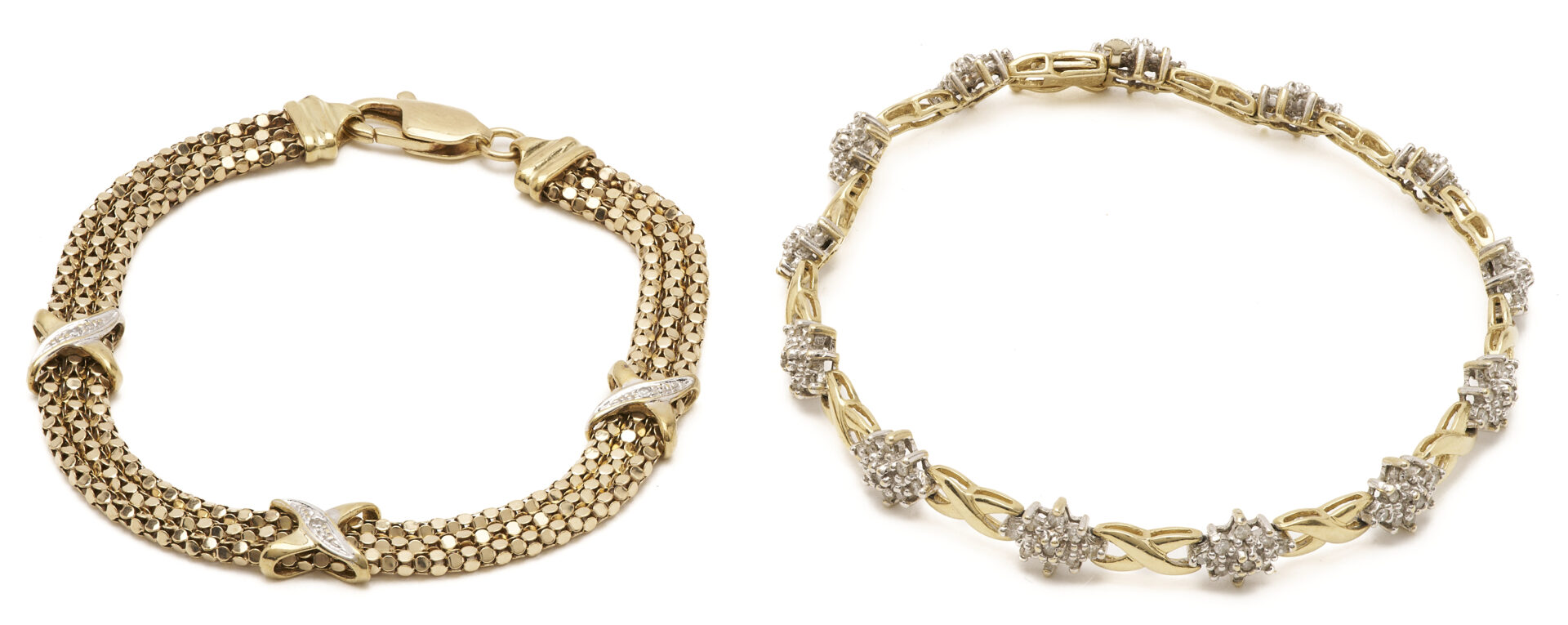 Lot 850: 14K Gold and Diamond Bracelet & 10K Triple Box Link Bracelet