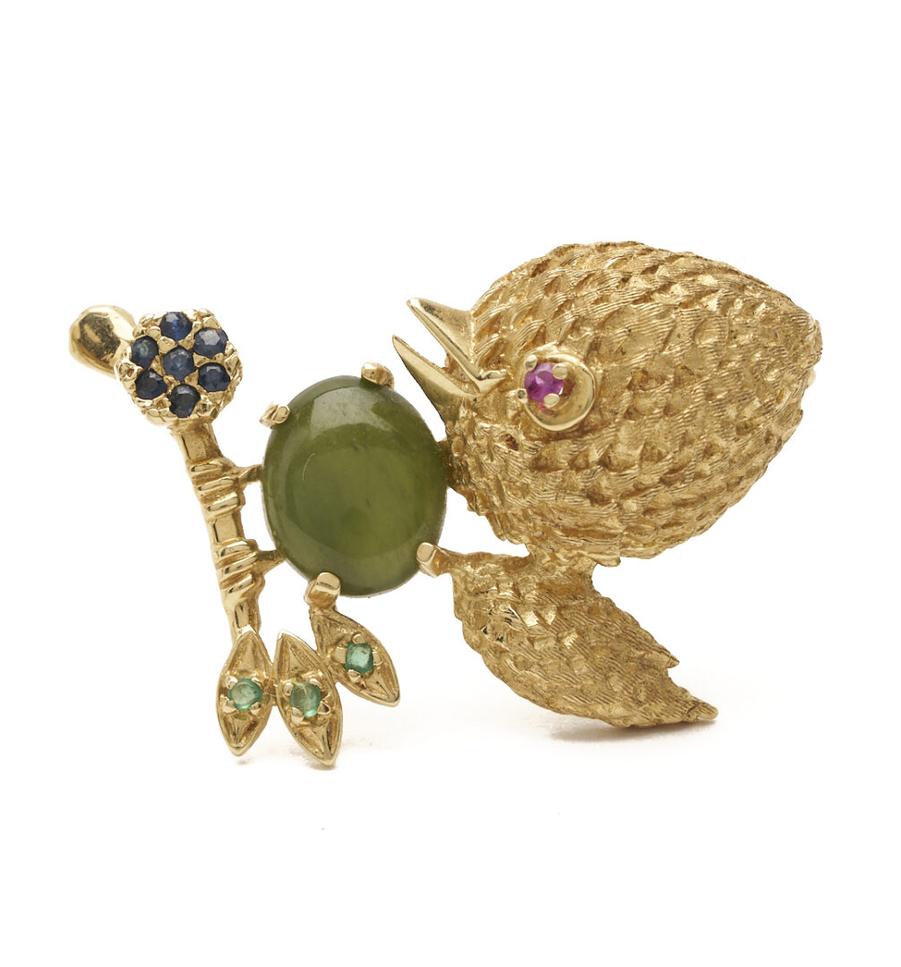 Lot 855: Two (2) Yellow Gold & Gemstone Brooches, Wreath & Bird