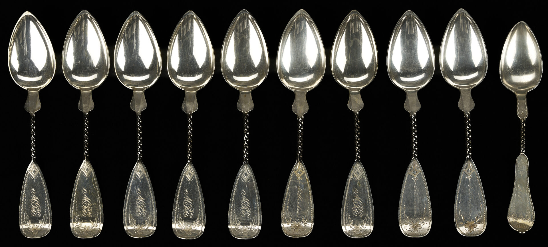 Lot 869: 36 Pcs Twist Handle Silver Flatware, incl. Cincinnati Makers