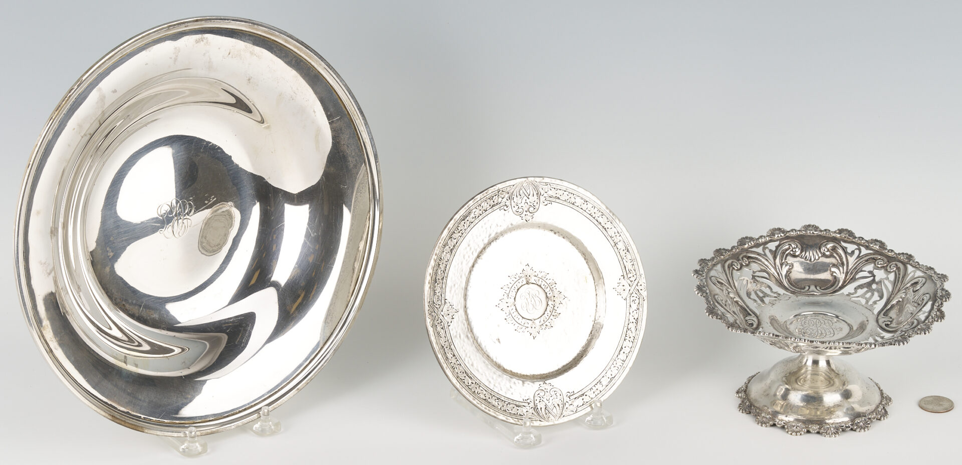 Lot 873: 3 Pieces Sterling Silver; Bowl, Plate, Compote