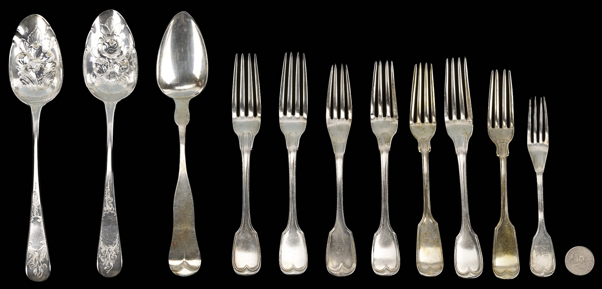 Lot 882: 11 Silver Flatware Items incl. Kirk Coin Silver Forks, English Berry Spoons