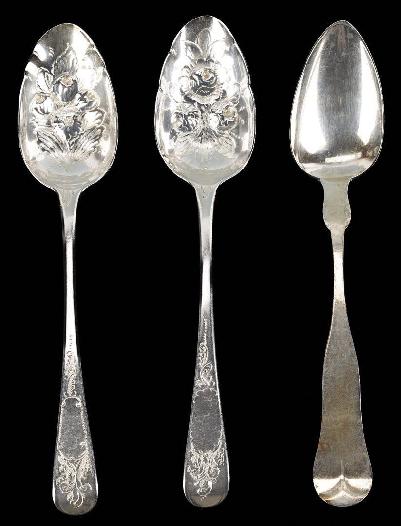 Lot 882: 11 Silver Flatware Items incl. Kirk Coin Silver Forks, English Berry Spoons