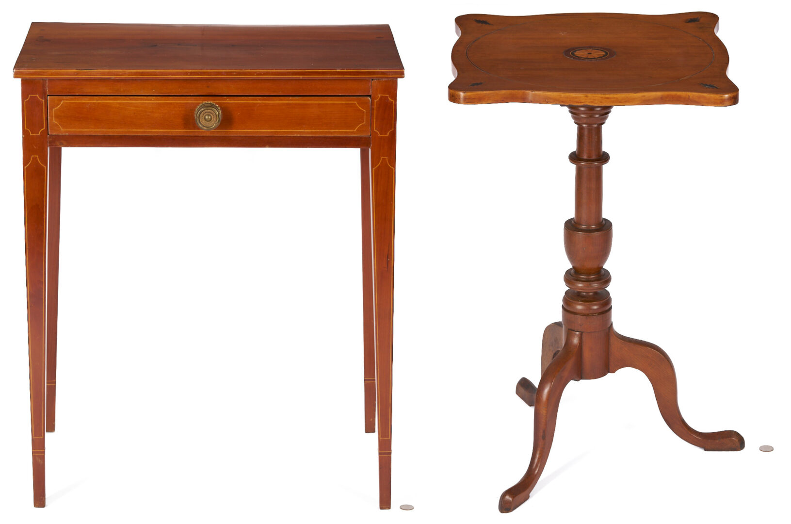 Lot 903: One Drawer Inlaid Table & Inlaid Candle Stand, New England