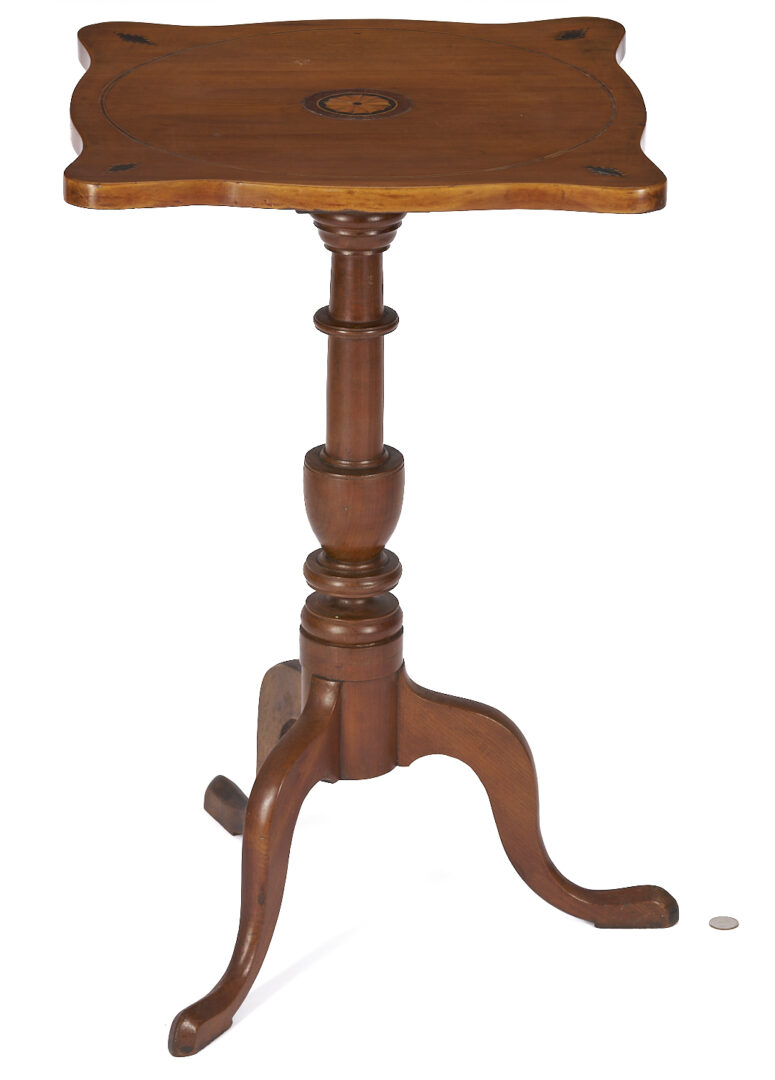 Lot 903: One Drawer Inlaid Table & Inlaid Candle Stand, New England