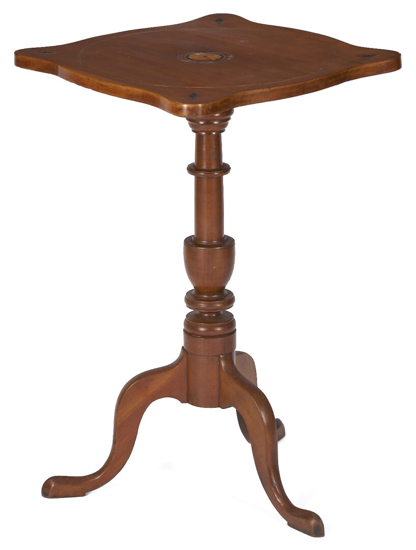 Lot 903: One Drawer Inlaid Table & Inlaid Candle Stand, New England