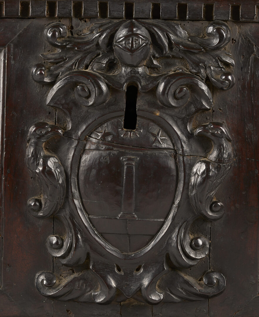 Lot 909: Italian Relief Carved Walnut Cassone, Coat of Arms