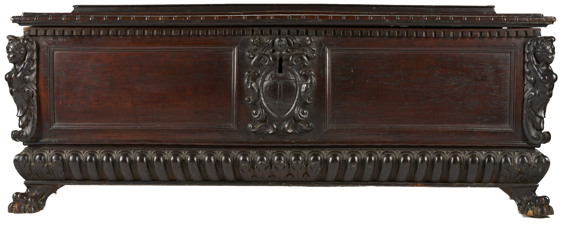 Lot 909: Italian Relief Carved Walnut Cassone, Coat of Arms