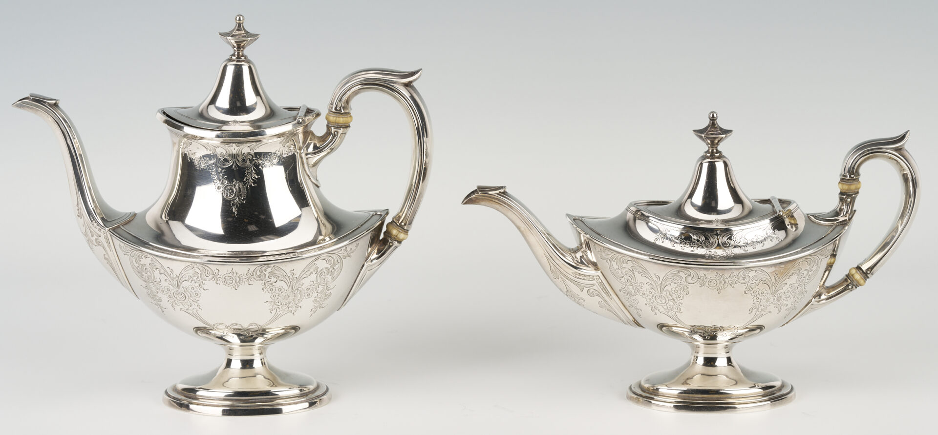 Lot 90: Gorham Plymouth Sterling Tea Set, Tongs and Candlesticks