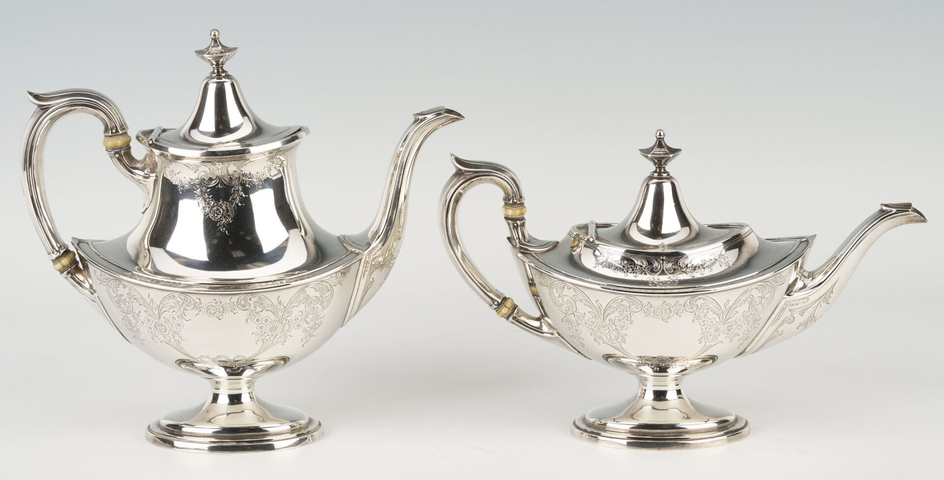 Lot 90: Gorham Plymouth Sterling Tea Set, Tongs and Candlesticks