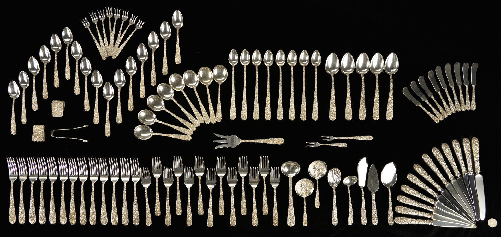 Lot 92: 106 pcs Kirk Repousse Sterling Flatware