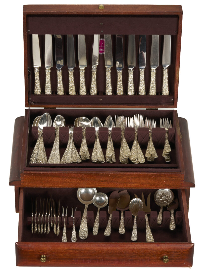 Lot 92: 106 pcs Kirk Repousse Sterling Flatware