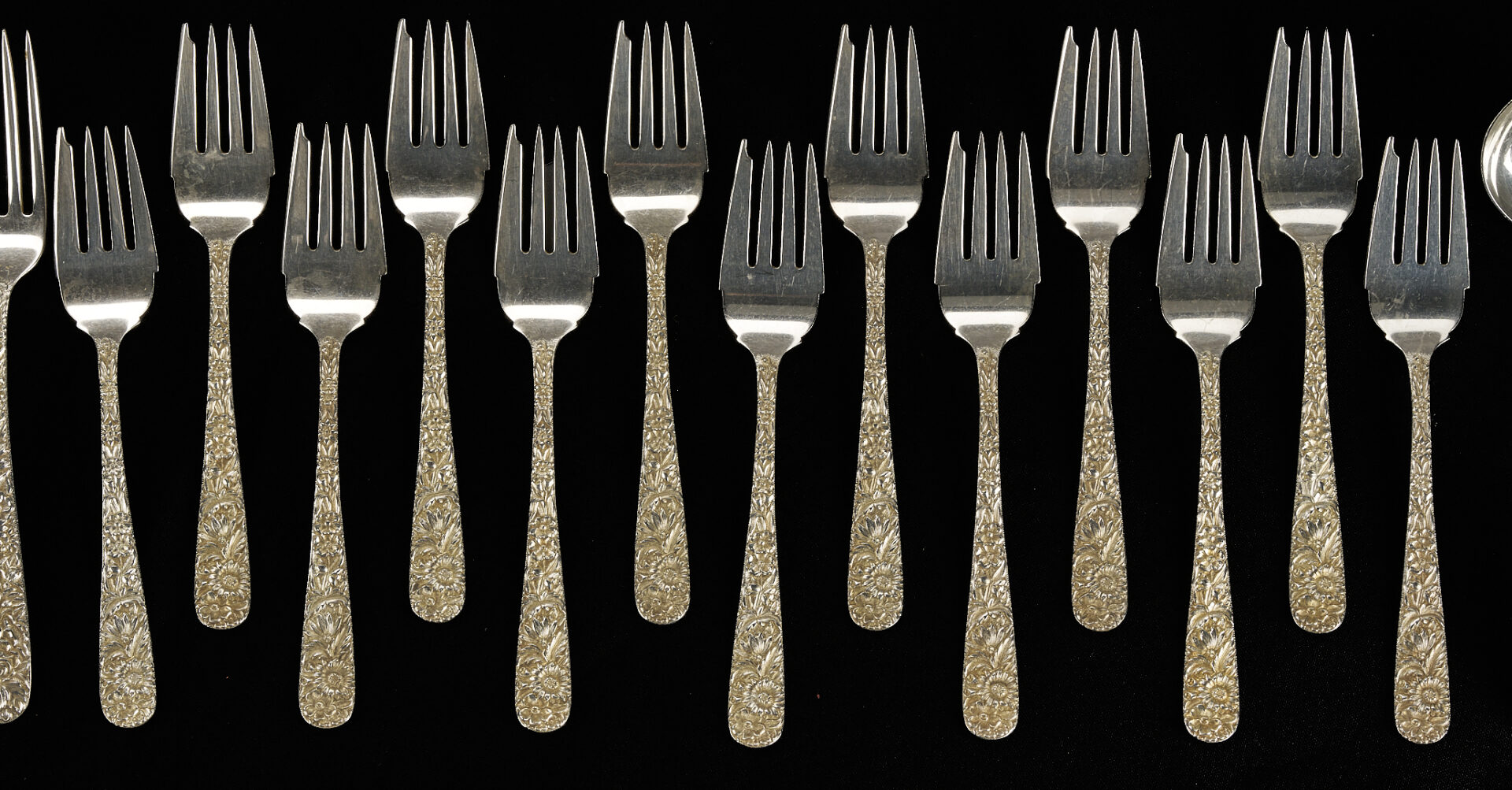 Lot 92: 106 pcs Kirk Repousse Sterling Flatware