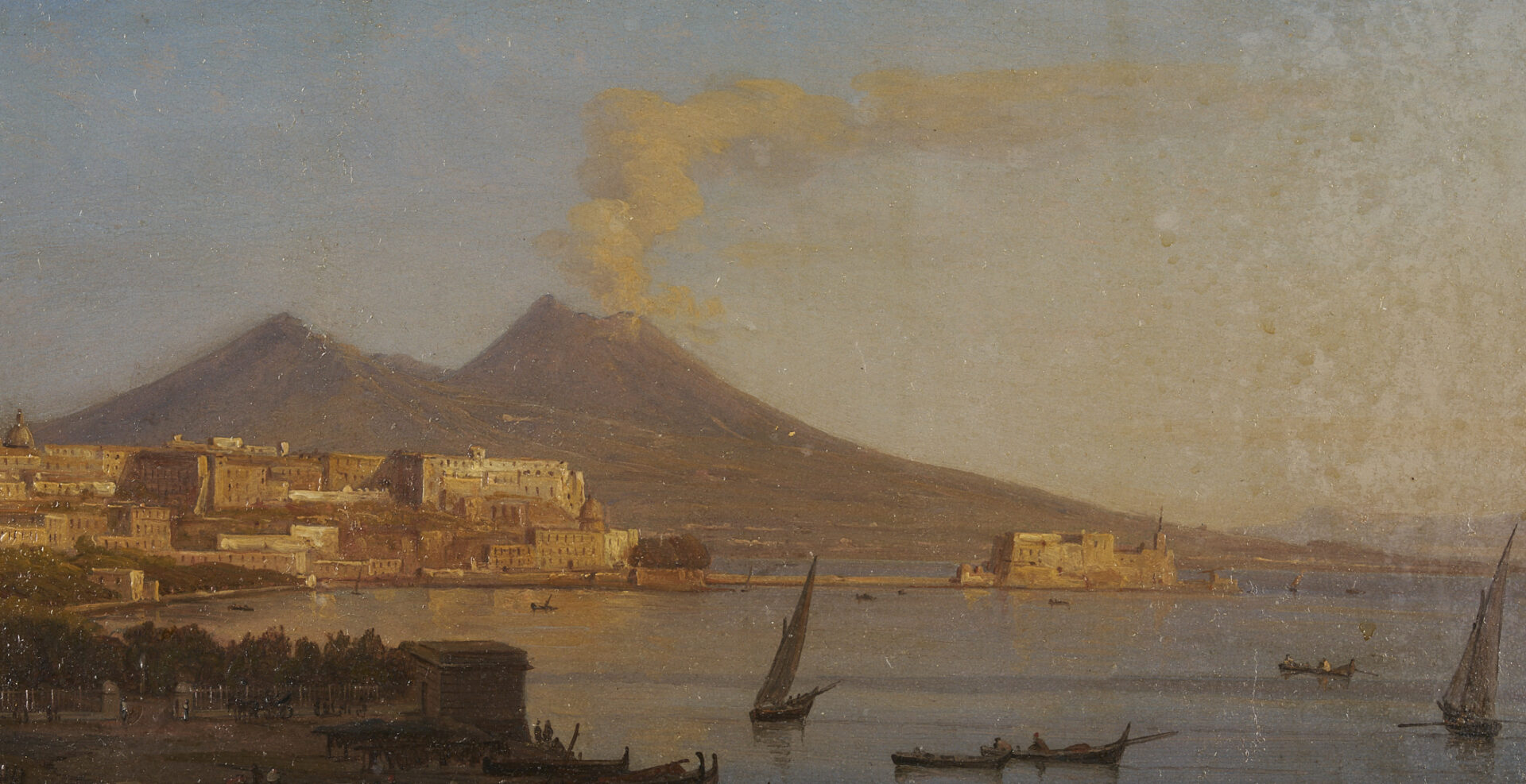 Lot 937: 19th C. Italian O/B Painting, Bay of Naples with Mt. Vesuvius