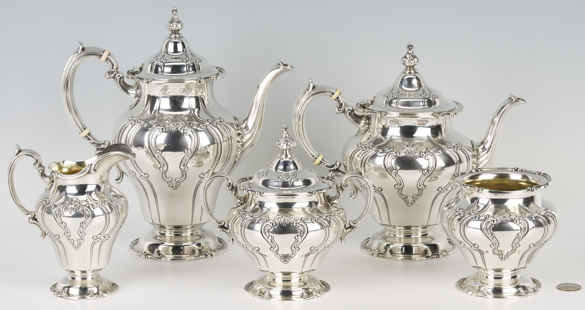 Lot 93: Gorham Sterling Tea set, 5 pcs Chantilly Duchess