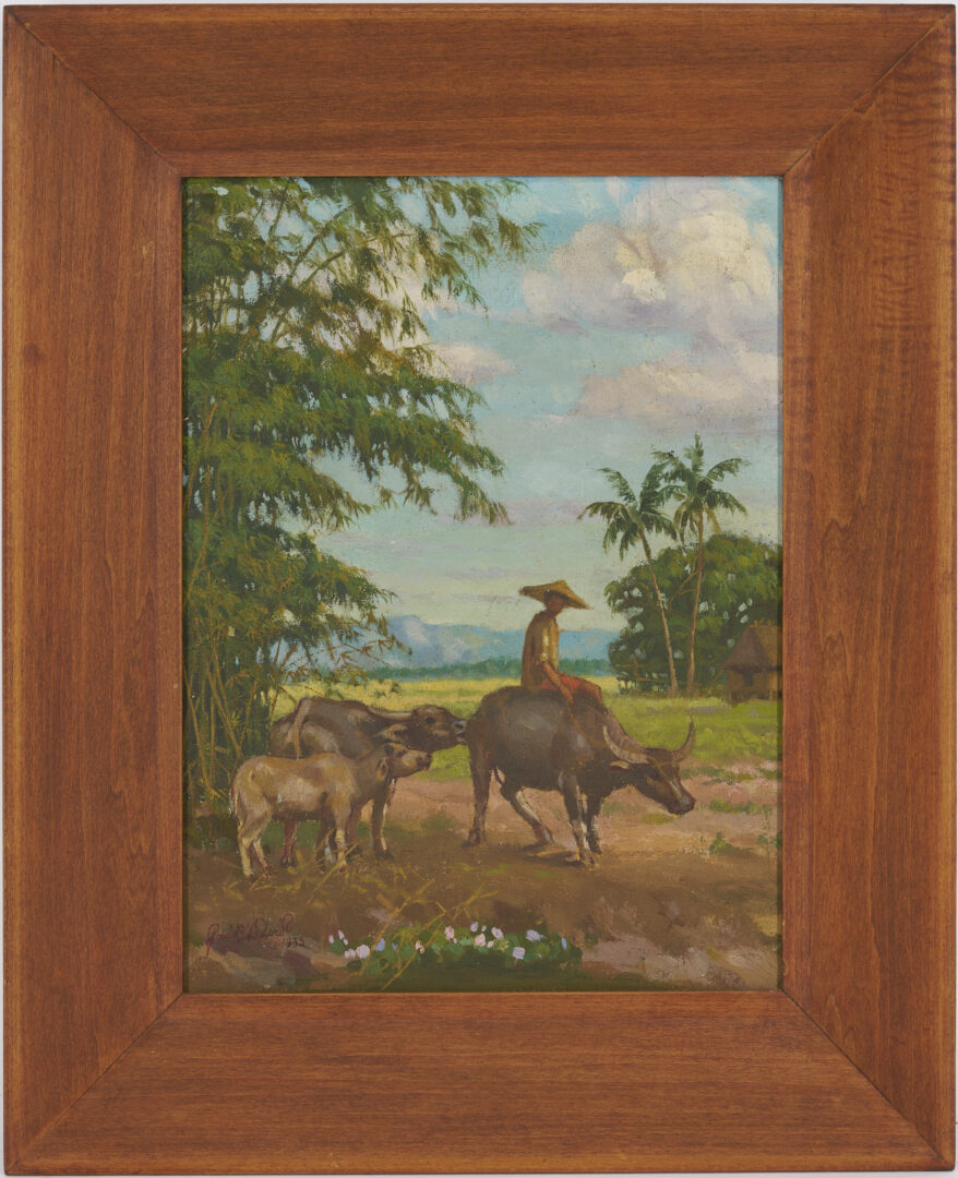 Lot 947: Jose B. David O/B Philippines Landscape Painting, Man w/ Water Buffalo