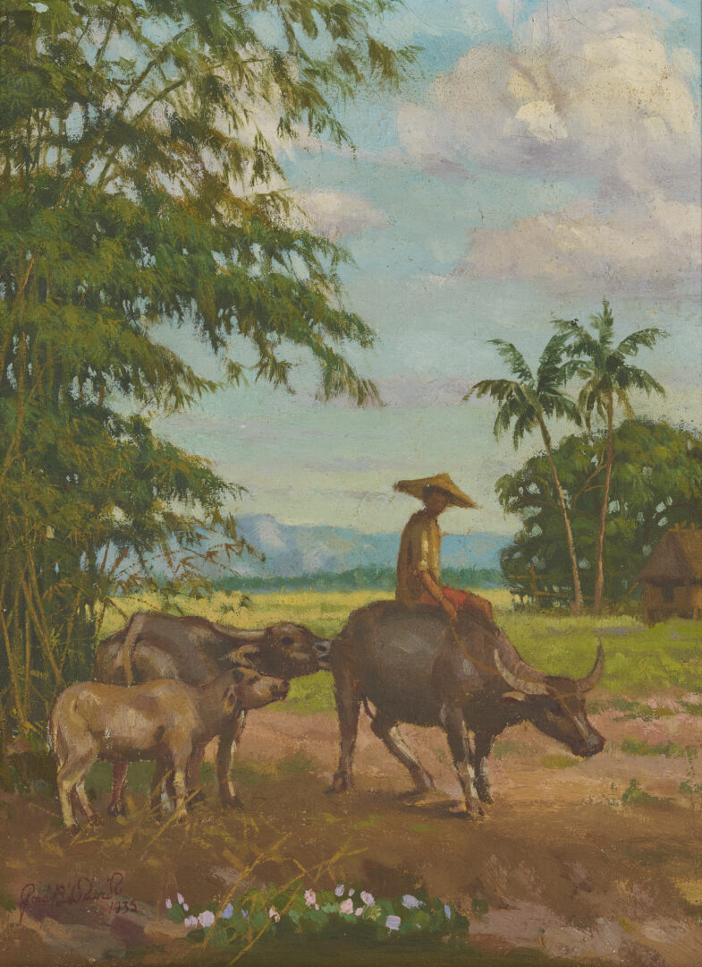 Lot 947: Jose B. David O/B Philippines Landscape Painting, Man w/ Water Buffalo