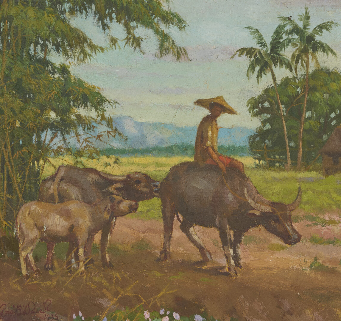 Lot 947: Jose B. David O/B Philippines Landscape Painting, Man w/ Water Buffalo