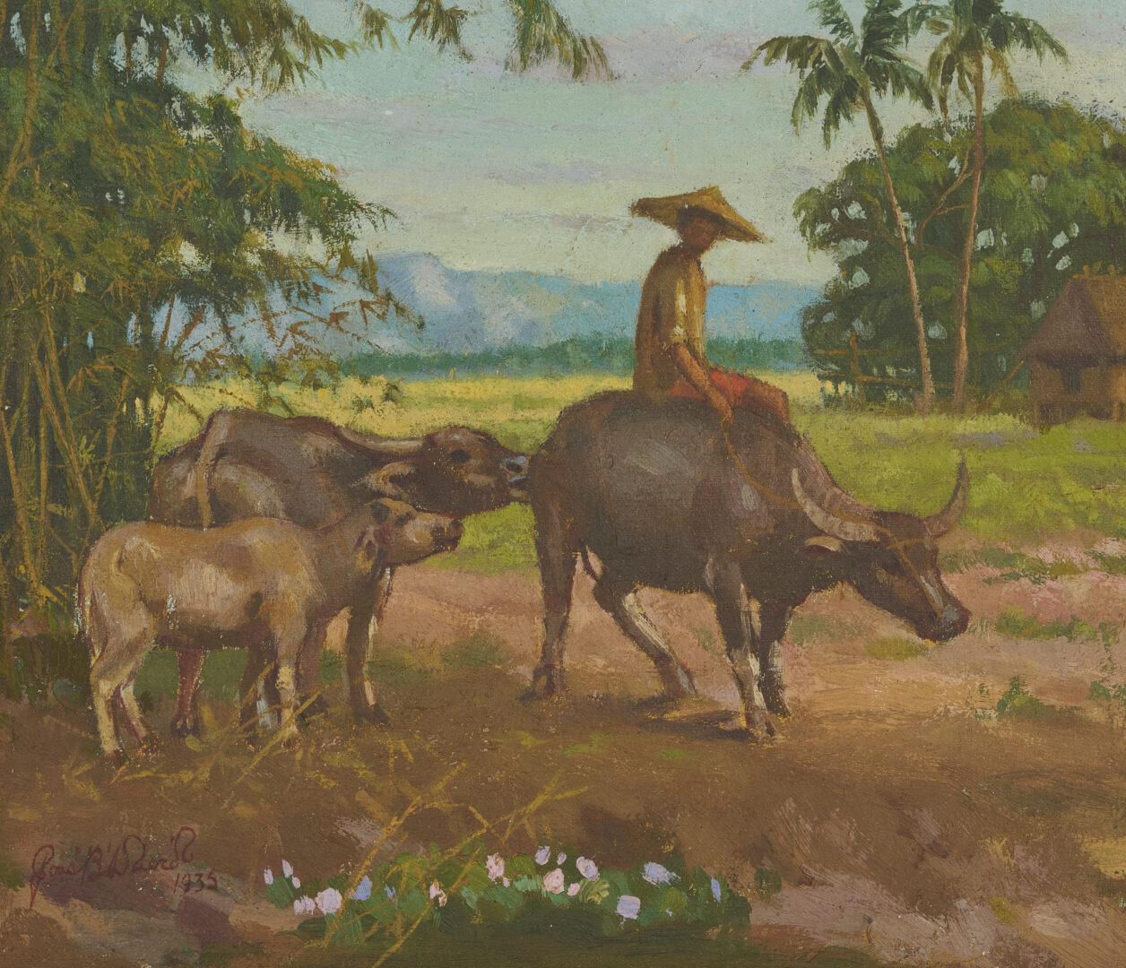 Lot 947: Jose B. David O/B Philippines Landscape Painting, Man w/ Water Buffalo