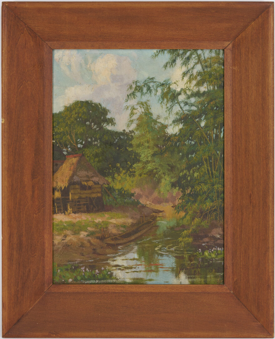 Lot 948: Jose B. David O/B Philippines Landscape Painting, Boat & Shanty