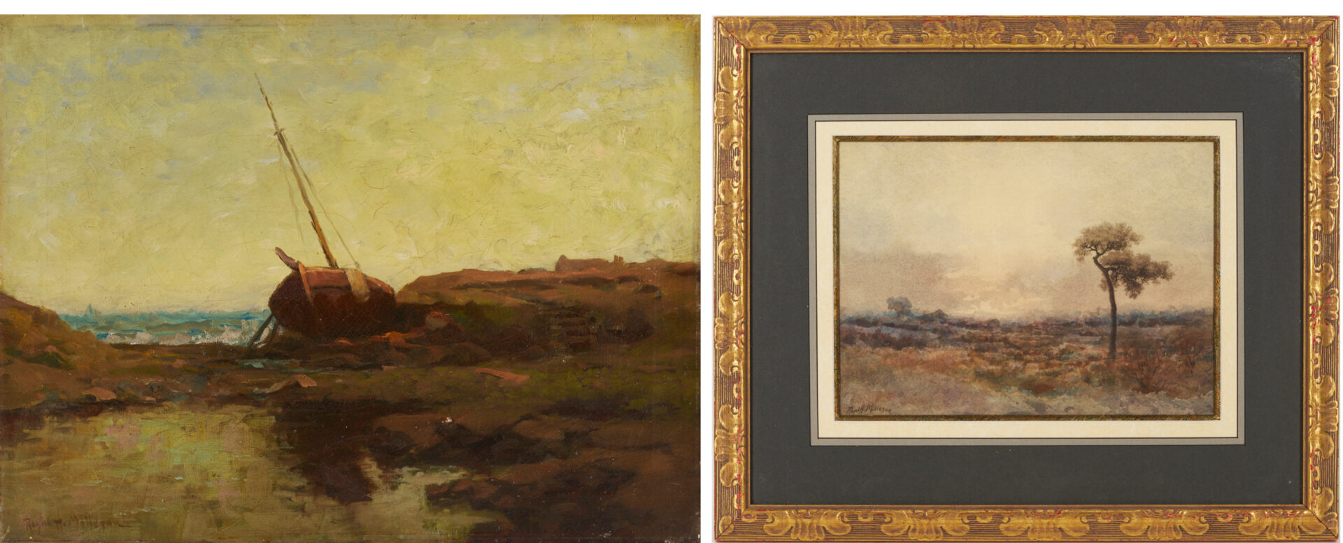 Lot 952: 2 Royal Milleson Landscape Paintings Incl. O/C, Beached Ship