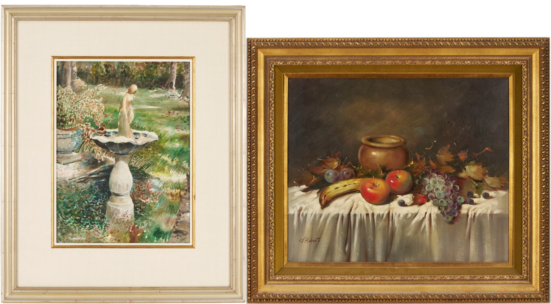 Lot 966: Burnard Wiley W/C Painting, Bird Bath, plus Roberti O/C Tabletop Still Life