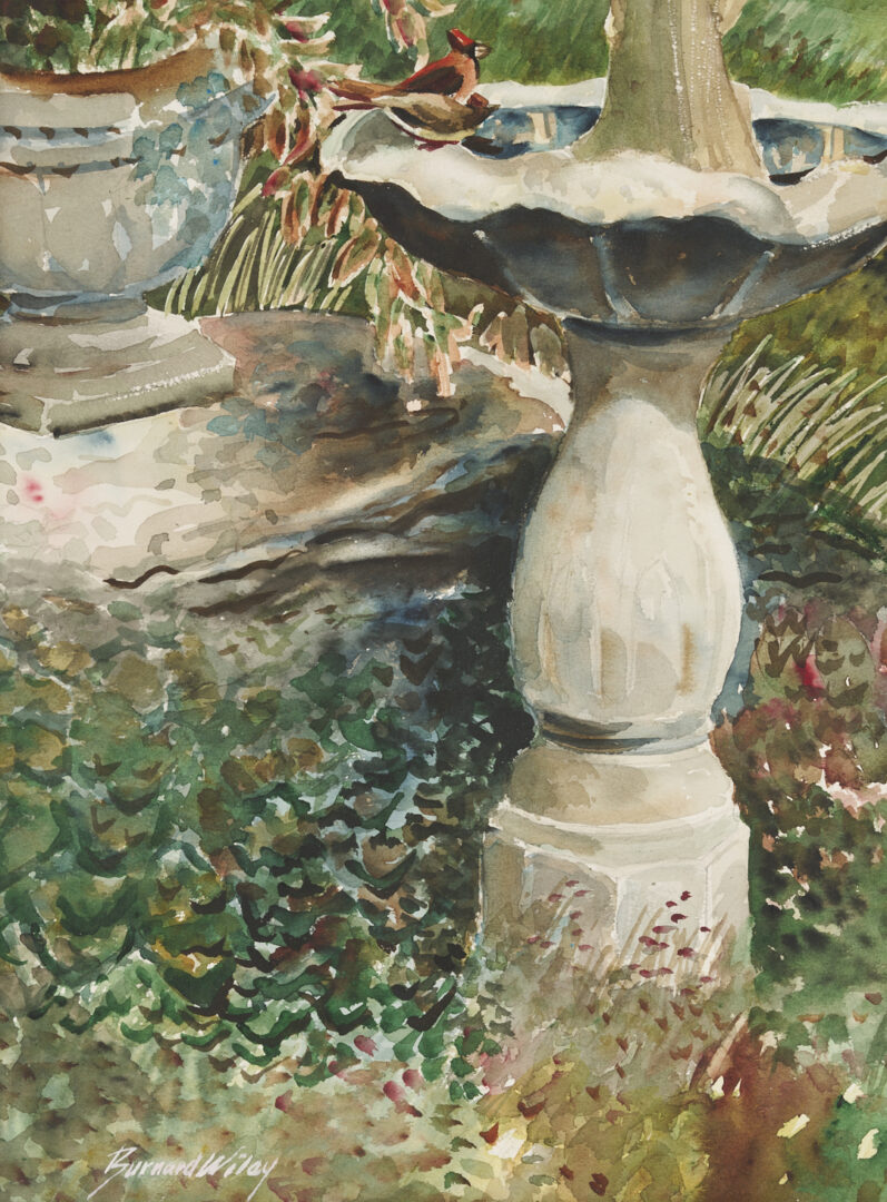 Lot 966: Burnard Wiley W/C Painting, Bird Bath, plus Roberti O/C Tabletop Still Life