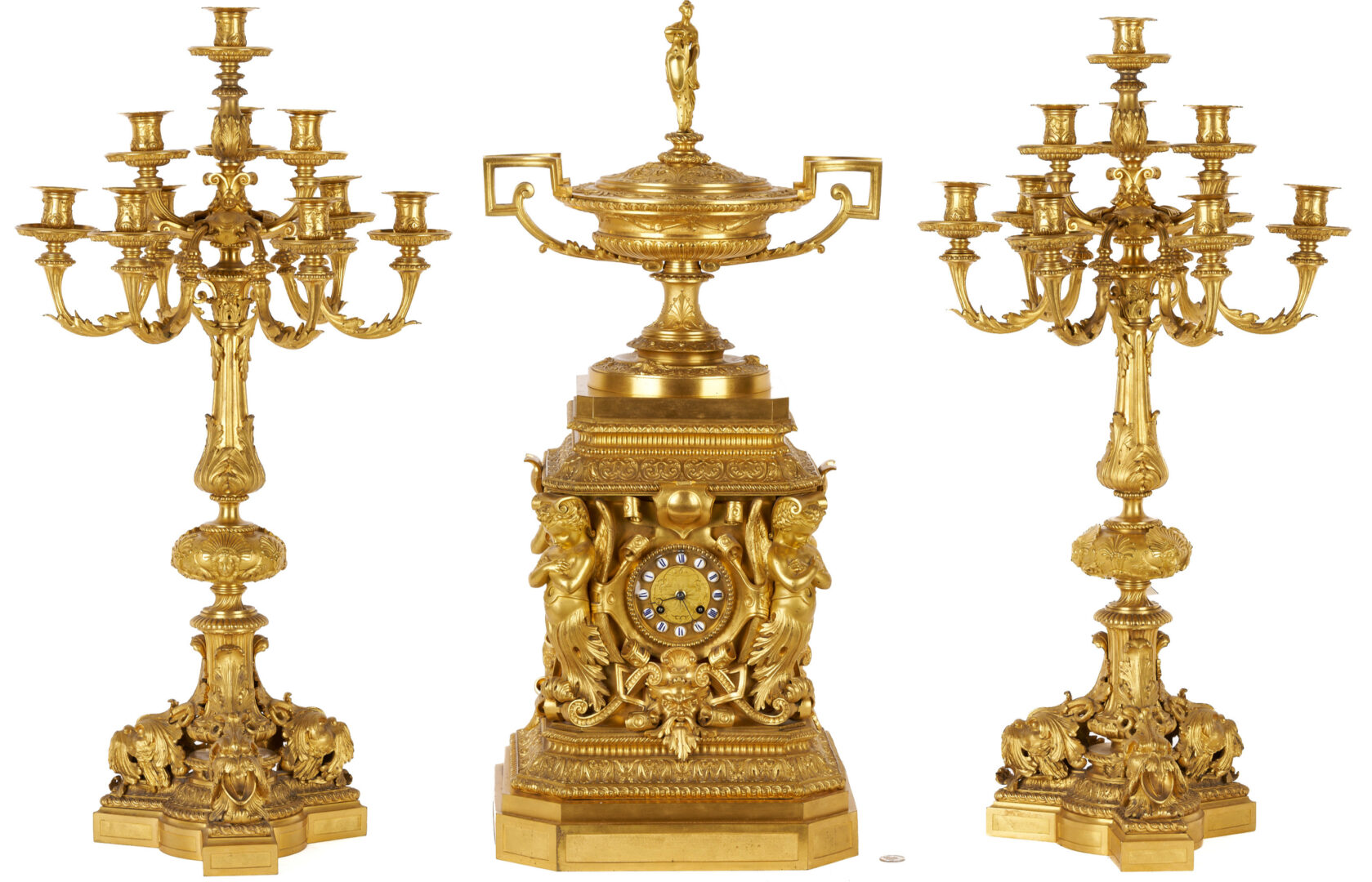 Lot 97: French Renaissance Style Ormolu Clock and Garniture